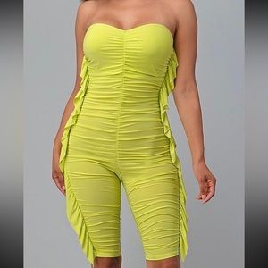 Green Strapless Sweetheart Tube Ruched Side Ruffles Biker Short Romper